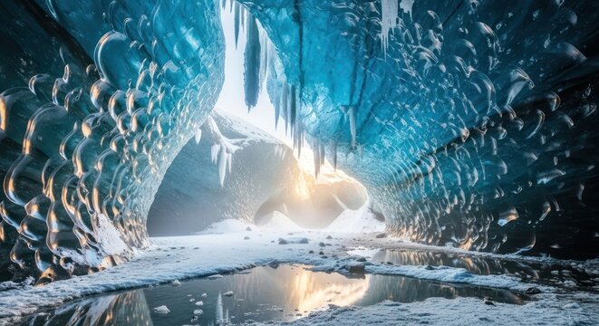 Spectacular view inside an ice cave with frozen formations and glacial ice creating a surreal