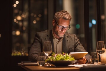 A business traveler dining alone in a quiet restaurant Notes and a tablet rest beside the plate The mood feels contemplative and focused, Generative AI