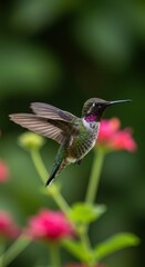 Fototapeta premium A vibrant hummingbird in flight, surrounded by delicate pink flowers, showcases nature's beauty.