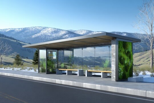Modern Bus Stop With Green Wall And Mountain View