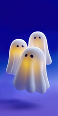 Cute glowing cartoon ghosts floating in blue background minimal halloween mobile wallpaper kawaii spooky seasonal design