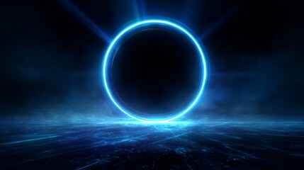 Abstract Neon Glowing Circle Portal. Blue Energy Background.