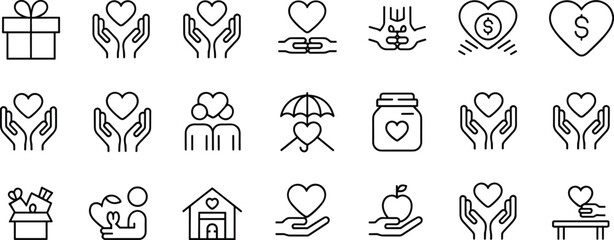 Charity icons, heart care, donation symbols, giving hands, love support, vector line art, nonprofit design, compassion, help, social service