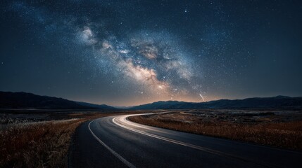 Fototapeta premium Winding Road Under Milky Way Galaxy at Night.