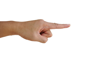 Man's hand pointing towards empty space isolated on white background. Hand gesture pointing to the right
