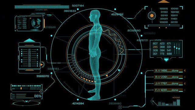 Animated display with HUD and infographic elements for data research