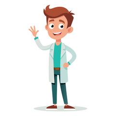Cartoon doctor in lab coat waving his hand