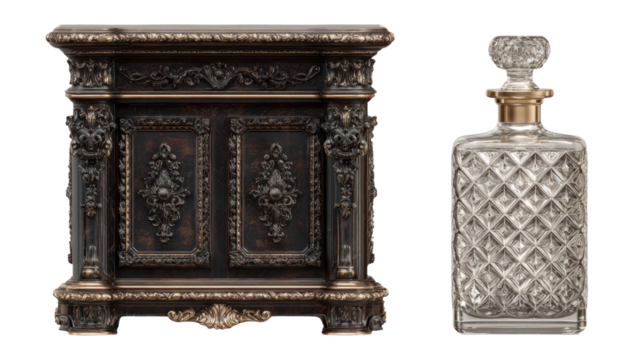 Ornate Wooden Cabinet with Vintage Glass Bottle Against Transparent Background