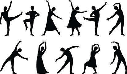 Dance silhouettes, black figures, expressive poses, artistic movement, graceful dancers, body language, choreography icons, performance art, elegant motion, creative style