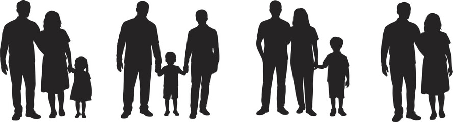 Family silhouettes, parents and children, black icons, social structure, demographic concept, vector illustration, togetherness, unity, care, relationship, bonding