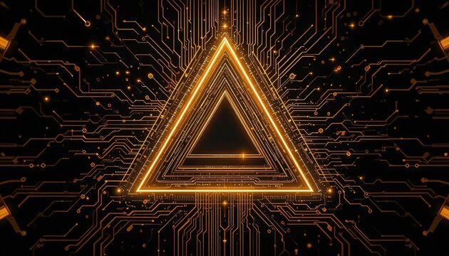 A glowing, golden triangle framed by a complex network of circuit lines, creating an intricate and technological design.