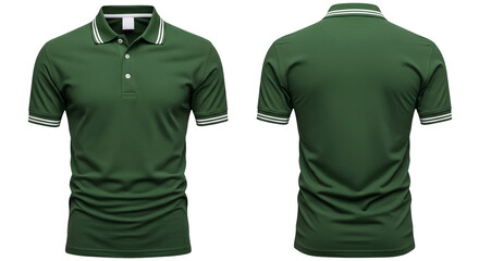 Blank green polo shirt template with front and back views. Isolated classic casual t-shirt with collar for custom apparel branding and design mockup