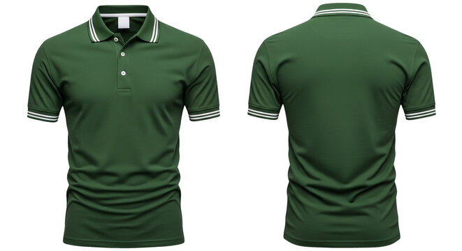 Blank green polo shirt template with front and back views. Isolated classic casual t-shirt with collar for custom apparel branding and design mockup