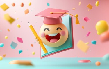 3D illustration of a joyful graduation emoji with a pink background