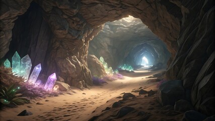 Crystal cave with glowing formations and sandy path