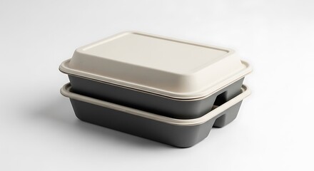 Stacked Gray Food Containers with Beige Lid.