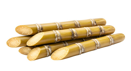 Freshly Cut Sugarcane Stalks Stacked on a Reflective Surface
