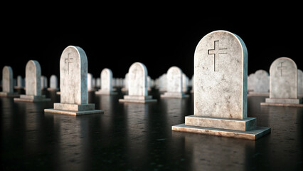 Rows of Halloween White Tombstones in a Cemetery with Reflections on Wet Ground graveyard gravestones