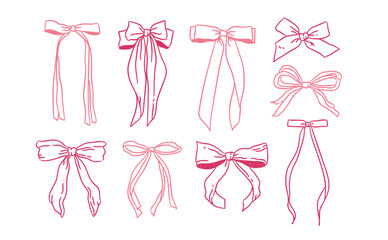 Bow and ribbon hand drawn vector set. decoration illustration. greeting, wedding, birthday party, gift, valentines day, wrapping element card design