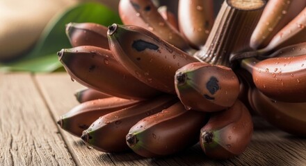 Fototapeta premium Close up shot of a bunch of ripe red bananas on a rustic wooden table with water droplets