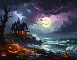 Haunted seaside house at night