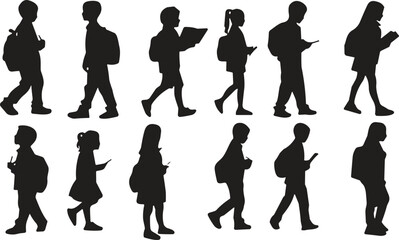 School children silhouettes, walking with backpacks, boys and girls, student icons, education concept, vector illustration, black design, academic journey