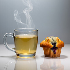 Steaming cup of tea paired with a fresh blueberry muffin in soft light