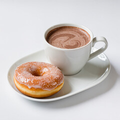 Sweet indulgence with hot chocolate and glazed donut on a white plate