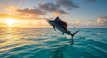 Flying fish sunrise seascape