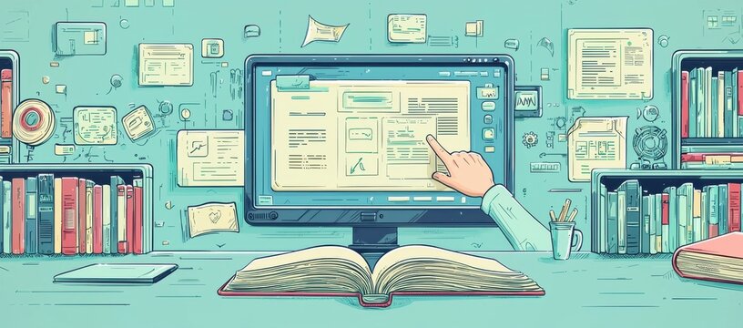 Digital learning and online research in an educational workspace illustration