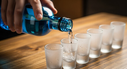 Bartender pouring blue curacao into shot glasses on wooden table