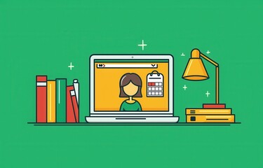 Colorful illustration of online work setup with laptop and desk essentials