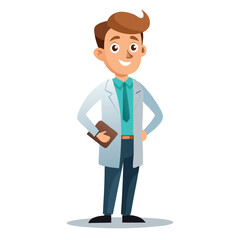 Cartoon doctor in lab coat holding clipboard