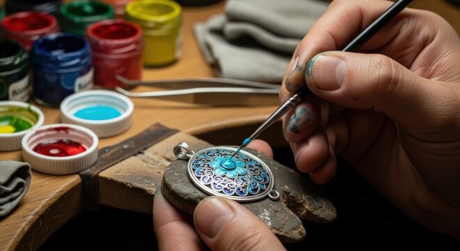 Close-up of a jeweler painting a detailed silver pendant with turquoise enamel.