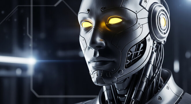 Futuristic robot showing artificial intelligence glowing eyes in server room
