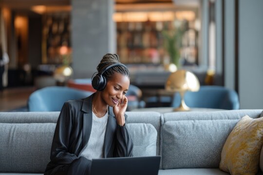 A professional taking a video call in a hotel lounge Headphones on as they balance travel and work The mood feels modern and connected, Generative AI 