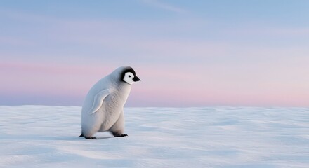 A lone emperor penguin chick stands on the pristine snow of antarctica, a symbol of resilience against the backdrop of a pastel sky