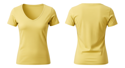 Blank yellow short-sleeve V-neck t-shirt template for women. Front and back view of casual apparel isolated on white