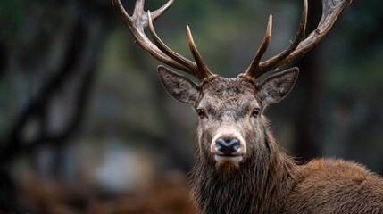 Fototapeta premium A close up shot of a majestic deer with large antlers in a natural forest setting outdoors