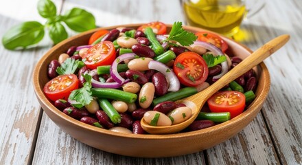 Colorful Three Bean Salad with Fresh Vegetables and Herbs