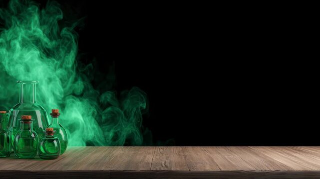 Green smoke rises behind glass potion bottles on wooden table creating spooky halloween banner with eerie atmosphere and dark background design