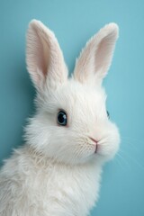 Obraz premium Adorable white rabbit against a pastel blue background
