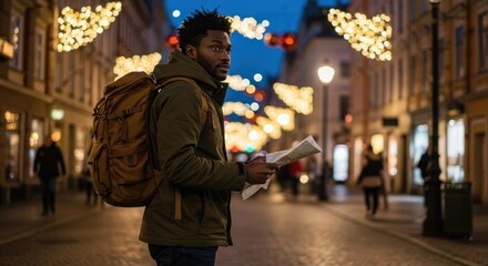 Obraz premium Man with backpack and map on a street with lights