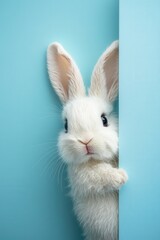 Obraz premium White bunny peeking from a corner with a blue background