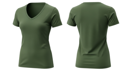 Front and Back View of a V-Neck T-Shirt in Olive Green