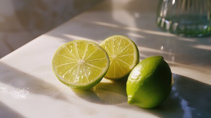 Fresh limes on a marble surface bathed in natural light create a vibrant scene