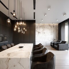 A modern kitchen and dining area, featuring a long marble countertop, dark-toned cabinetry, and pendant lighting, creates a stylish and sophisticated ambiance.