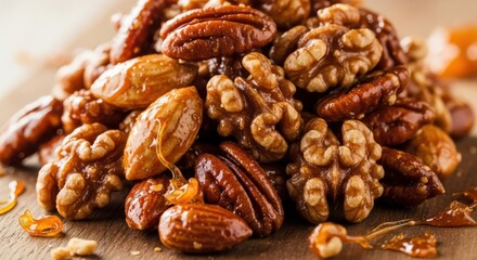 A Close Up View of a Pile of Deliciously Glazed Mixed Nuts Including Almonds Pecans and Walnuts