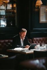 A business traveler dining alone in a quiet restaurant Notes and a tablet rest beside the plate The mood feels contemplative and focused, Generative AI 