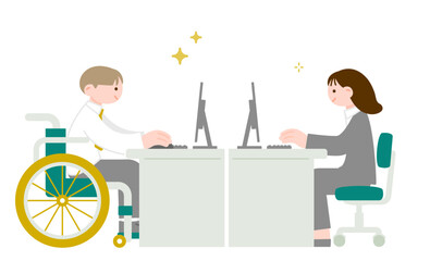 車椅子ユーザーと同じ職場で働く　多様性のある会社のイメージイラスト